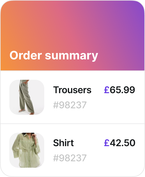 order summary, trousers and a shirt