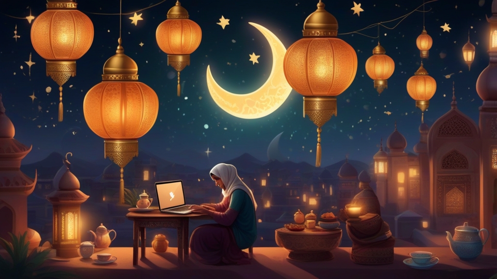 A nighttime scene of someone shopping online on a laptop during Ramadan, with glowing lanterns, a crescent moon in the background, and traditional items like dates and tea cups creating a warm, festive atmosphere.